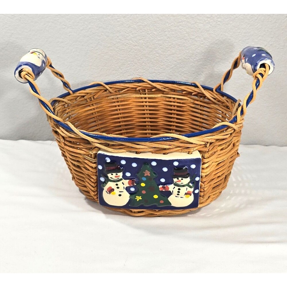 Vintage Christmas Snowman holiday wicker basket porcelain handles 12" Grannycore
